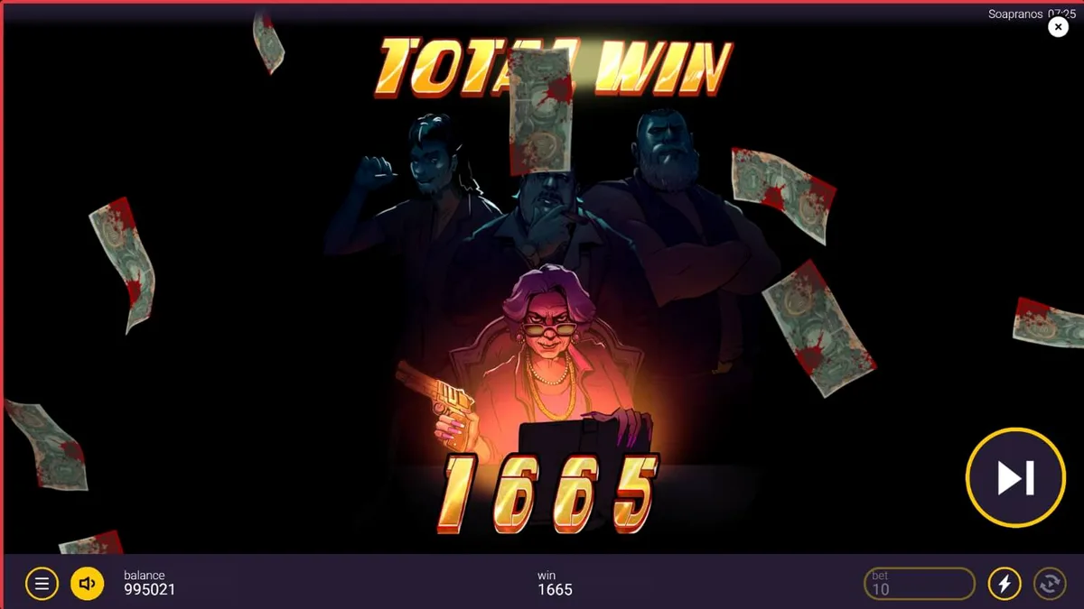 Tampilan antarmuka seluler slot The Soapranos dengan tema mafia dan laundromat